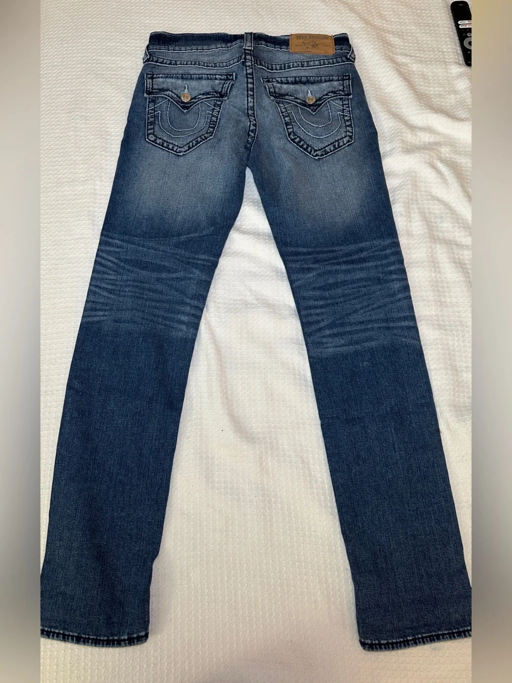 True Religion Men’s Skinny Jeans in Medium Blue Wash with Brown Leather Patch